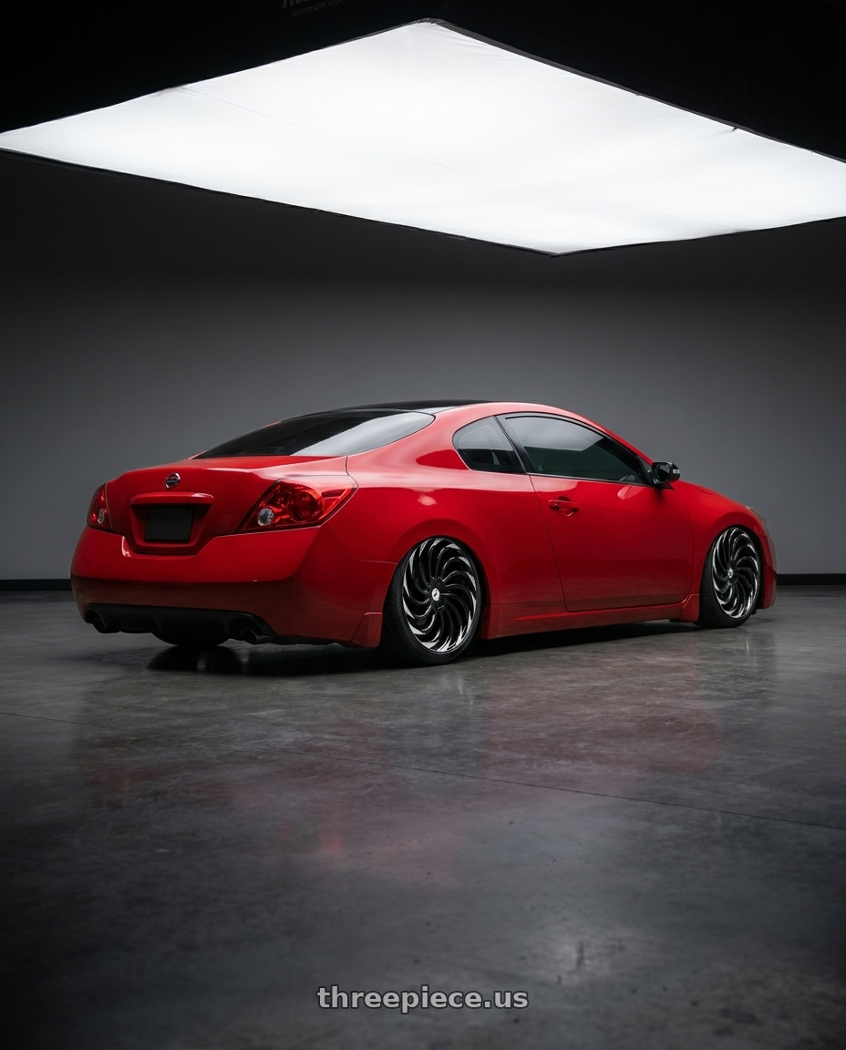 2010 Nissan Altima Coupe with Azara AZA-534 5x100/5x114.3 18x8 +35 Gloss Black & Machined wheels rear three quarter view square tires