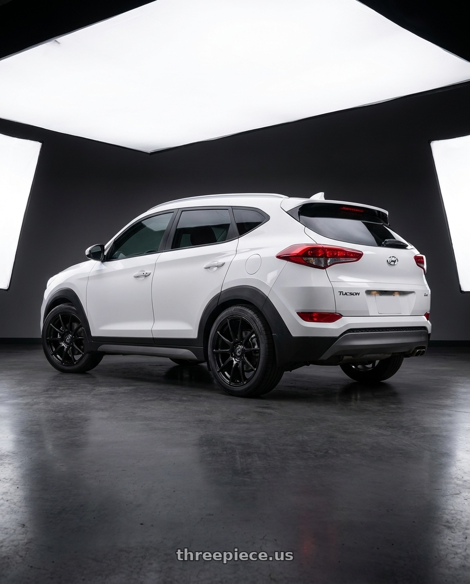 2018 Hyundai Tucson Diesel White with Forgestar CF10 5x114.3 20x11 +56 Gloss Black wheels rear three quarter view square tires