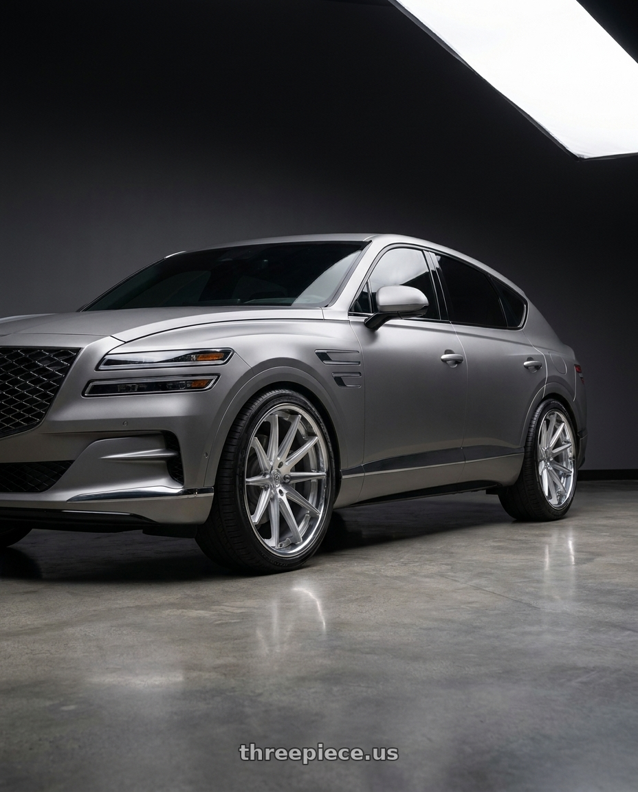 2027 Genesis GV80 Advanced with Rohana RFC10 5x114.3 22x9+35 Machine Silver/Chrome Lip wheels front three quarter view lowered stance