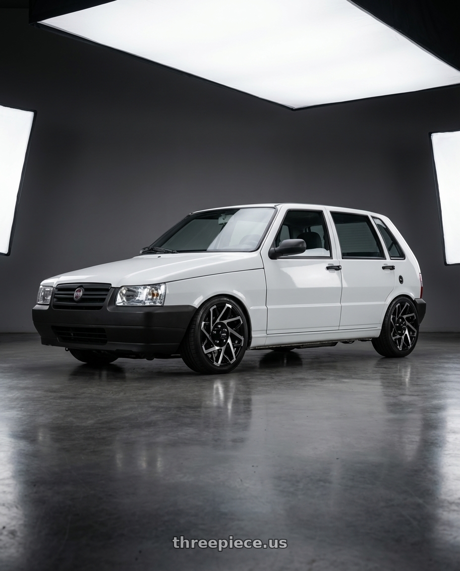 fiat uno 2005 4 doors with HD Trailer Wheels Canyon Trailer 6x139.7 15x6 +0 Gloss Black Machined Face wheels front three quarter view slammed stance