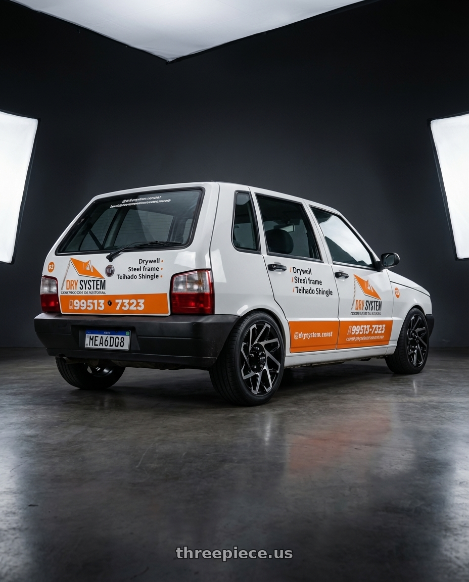 fiat uno 2005 4 doors with HD Trailer Wheels Canyon Trailer 6x139.7 15x6 +0 Gloss Black Machined Face wheels rear three quarter view square tires