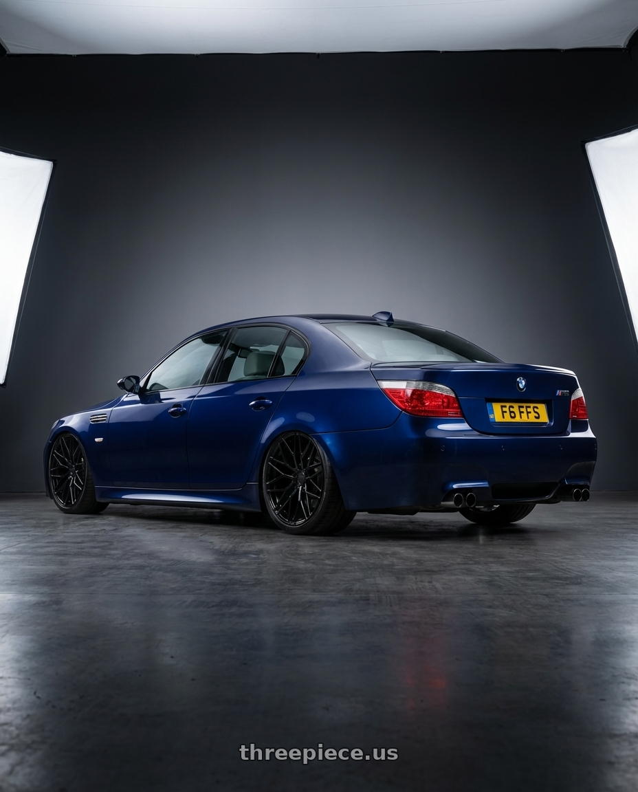 2010 BMW M5 E60 with Avant Garde Wheels M520R 5X120 20x11 +45 Gloss Black wheels rear three quarter view slight stretch tires