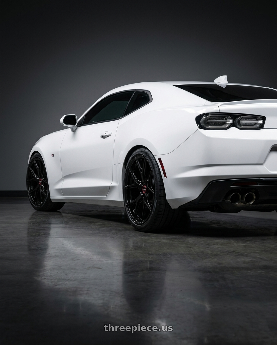 2022 Chevrolet Camaro with VOSSEN HF-5 5X120 20x9 +35 GLOSS BLACK wheels rear three quarter view square tires