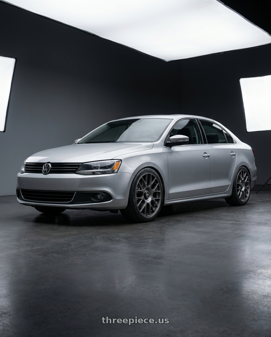 2016 Volkswagen Jetta GLI MK6 with fifteen52 APEX 5x112 / 5x120 18x8.5 +35 FROSTED GRAPHITE (SATIN GREY) wheels front three quarter view lowered stance