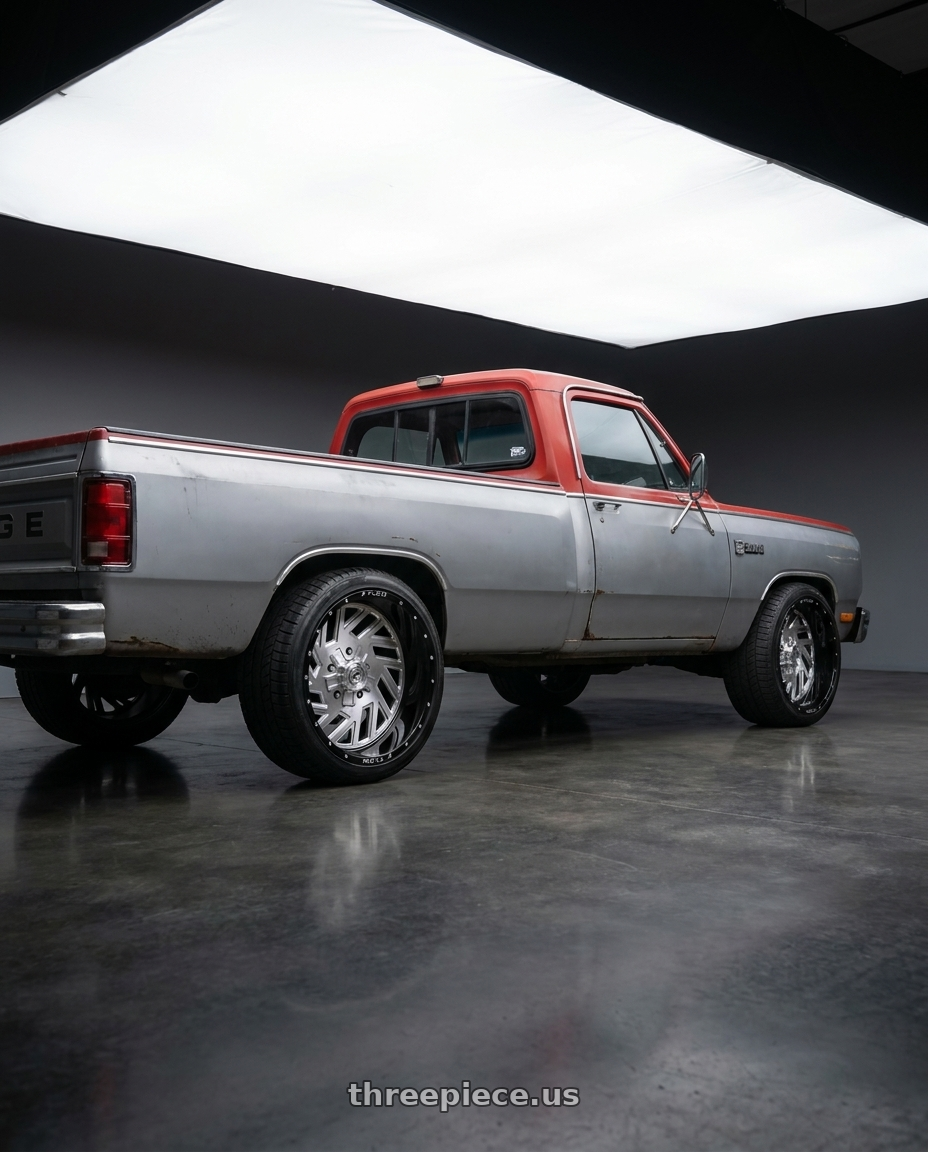 1984 Dodge d150 regular cab with XFX Flow XFX-304 5x127/5x139.7 24x14 -76 Brushed & Milled with Black Lip wheels rear three quarter view square tires