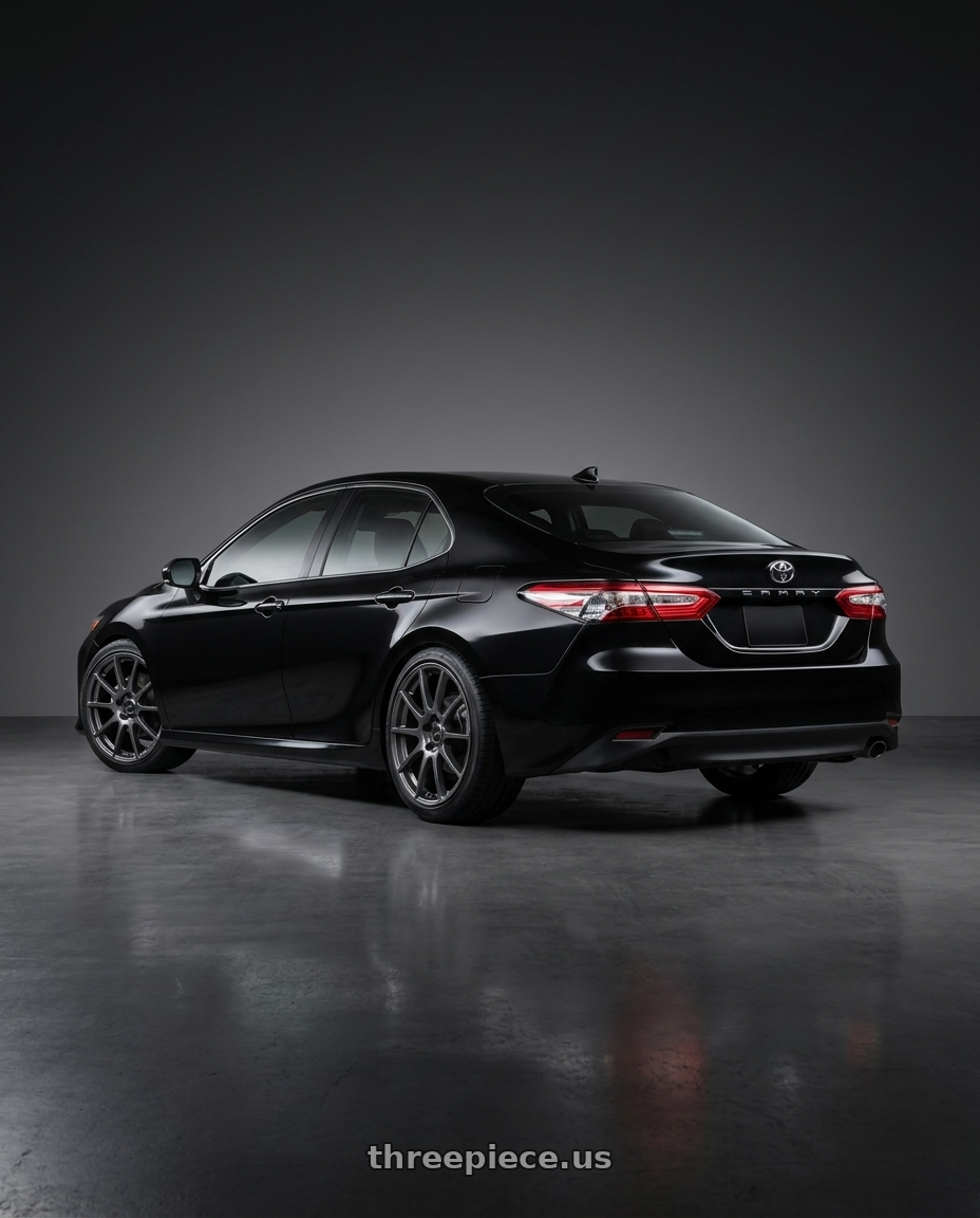 2019 toyota camry  with Ssr Gtv04 5x114.3 18×8.5x8.5+38  METALLIC GRAY wheels rear three quarter view slight stretch tires