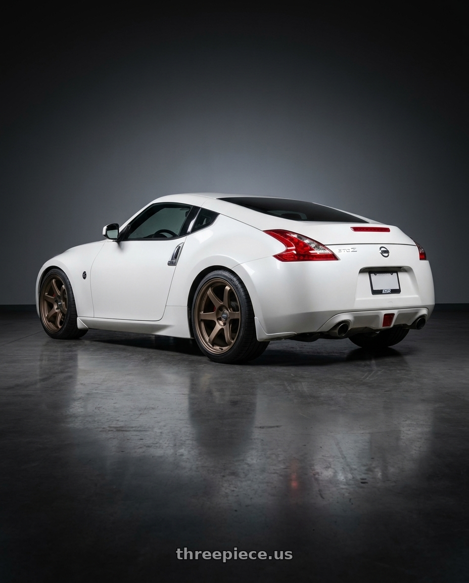 2019 Nissan 370Z with ESR Wheels APEX SERIES AP6 5x114.3 19x11 +22 Matte Bronze wheels rear three quarter view square tires