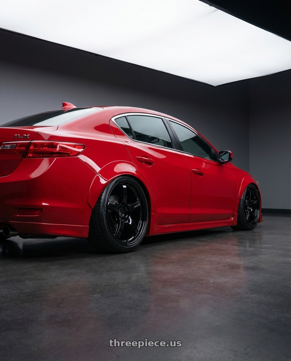 2012 Acura ILX with Gram Lights 57CR 5x114.3 18x9.5+12 Glossy Black wheels rear three quarter view slight stretch tires