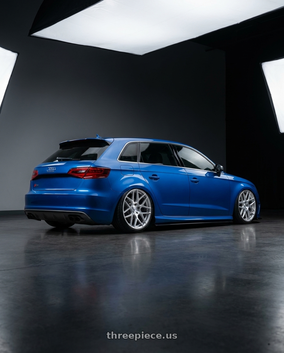 2019 Audi S3 8V with Aodhan AFF2 5x112 19x9.5+35 Gloss Silver Machined Face wheels rear three quarter view slight stretch tires