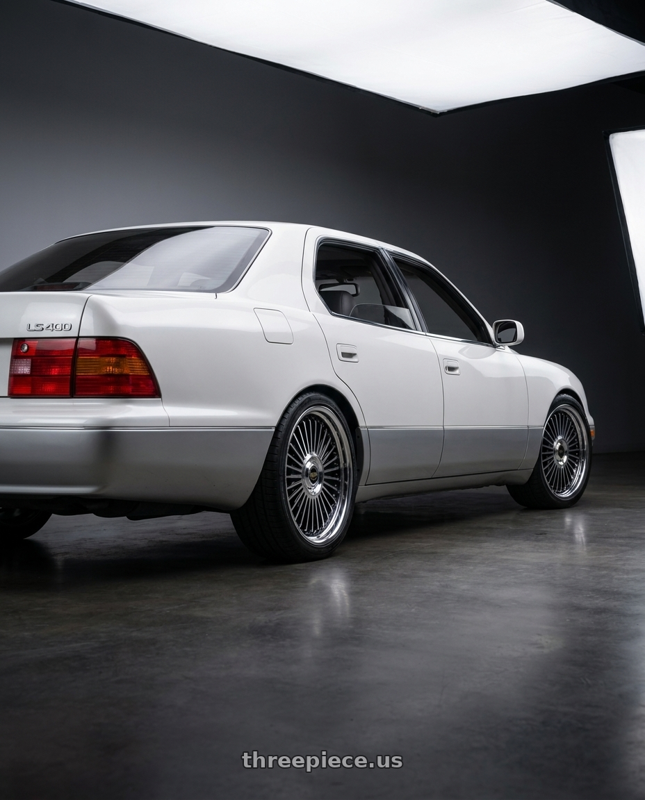 1998 lexus ls400 with Work Emitz Black Polish 5x114.3 19x8.0 +38 wheels rear three quarter view square tires
