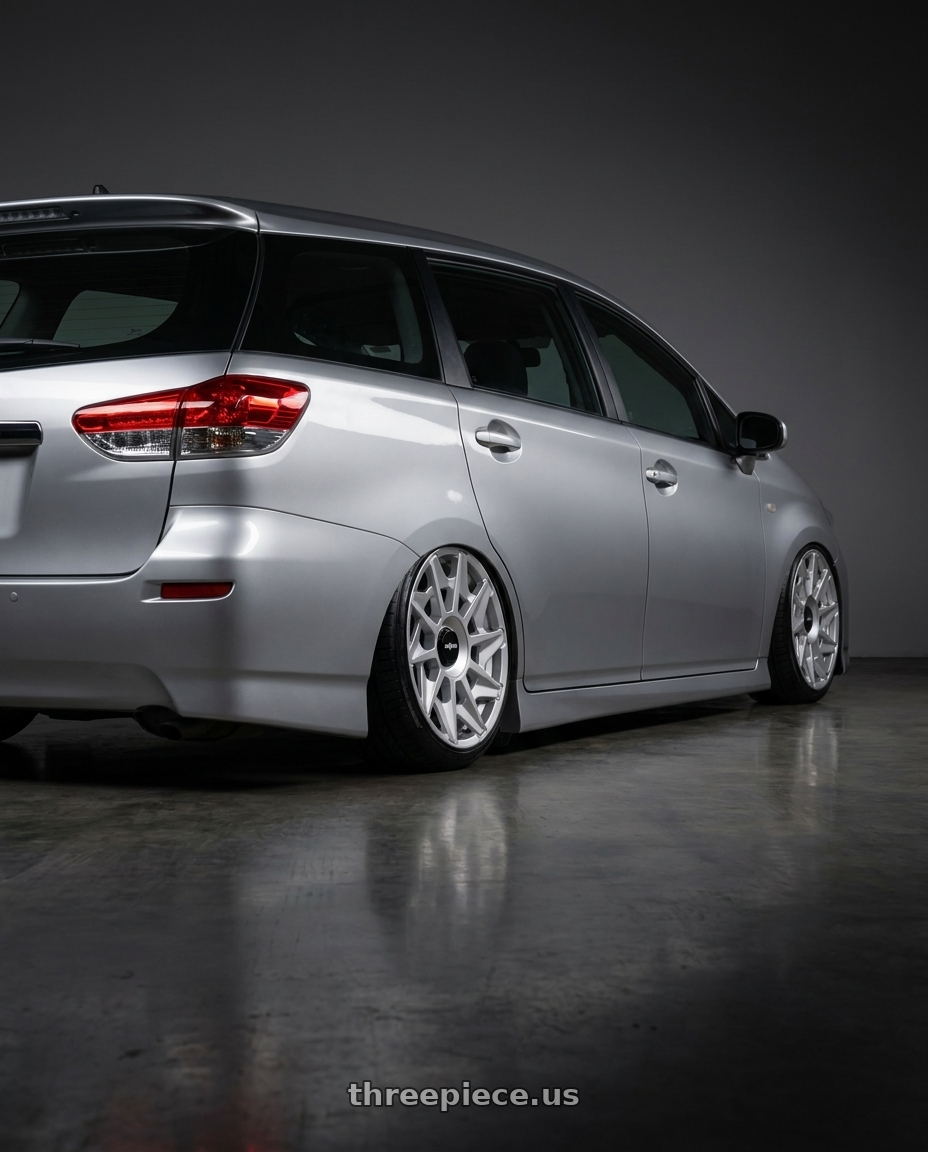 2011 Toyota Wish Zge22W with Rotiform 1PC R124 CVT 5X100/5X112 19X8.5 +45 GLOSS SILVER wheels rear three quarter view slight stretch tires