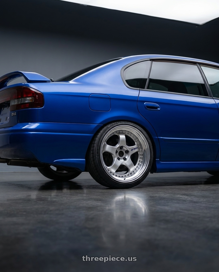 2000 Subaru legacy b4 RSK with Work Meister S1 3P 5x100 17x7.5+42 W Disk Silver wheels rear three quarter view square tires