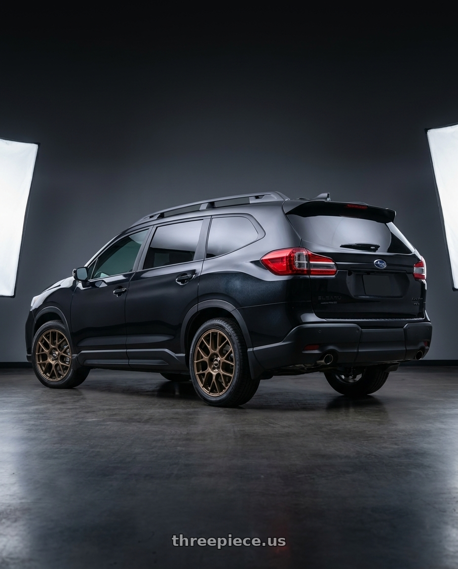 2025 Subaru Ascent Black with BBS XR 5x112 20x8.5+44 Matte Bronze wheels rear three quarter view square tires