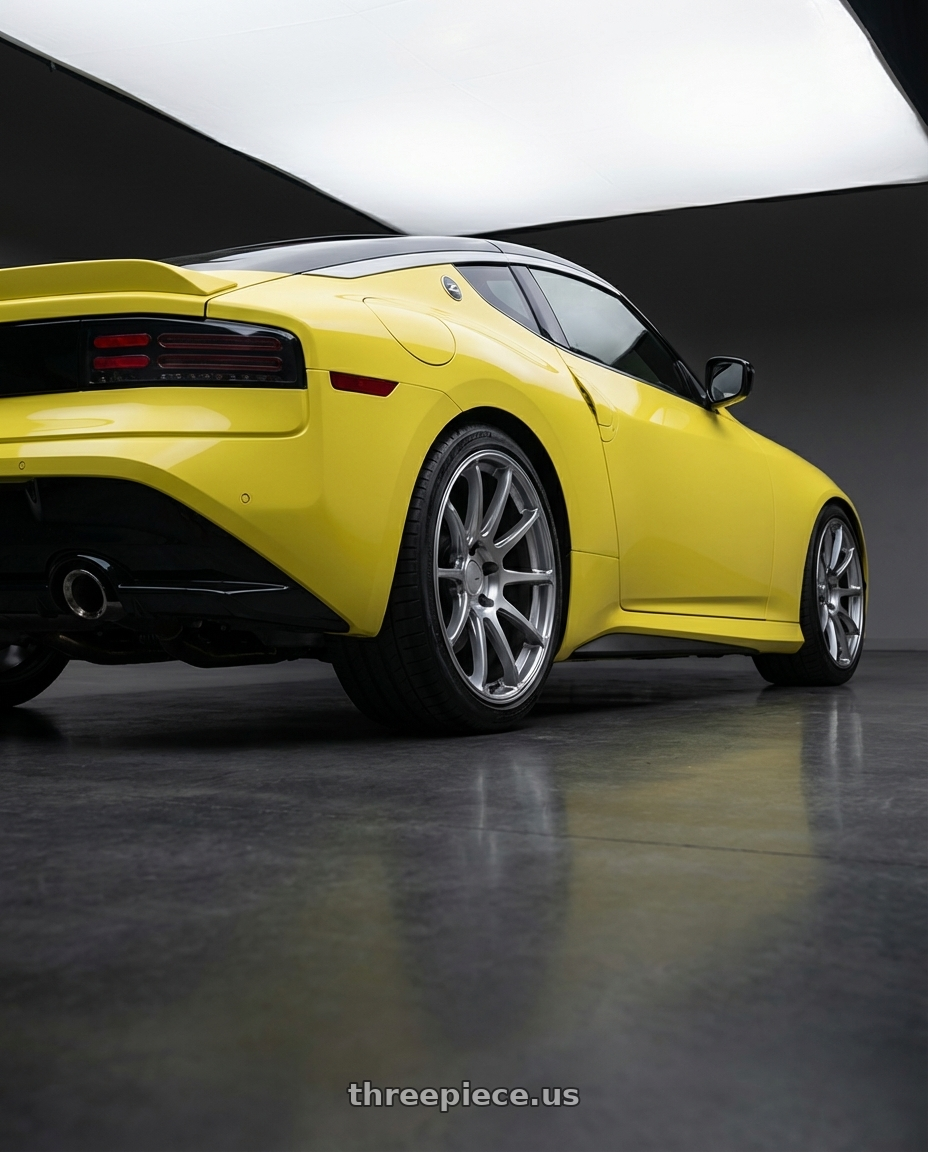 2024 Nissan Z with Ssr Gtv02 5x114.3 19x8.5+38  GLARE SILVER wheels rear three quarter view square tires