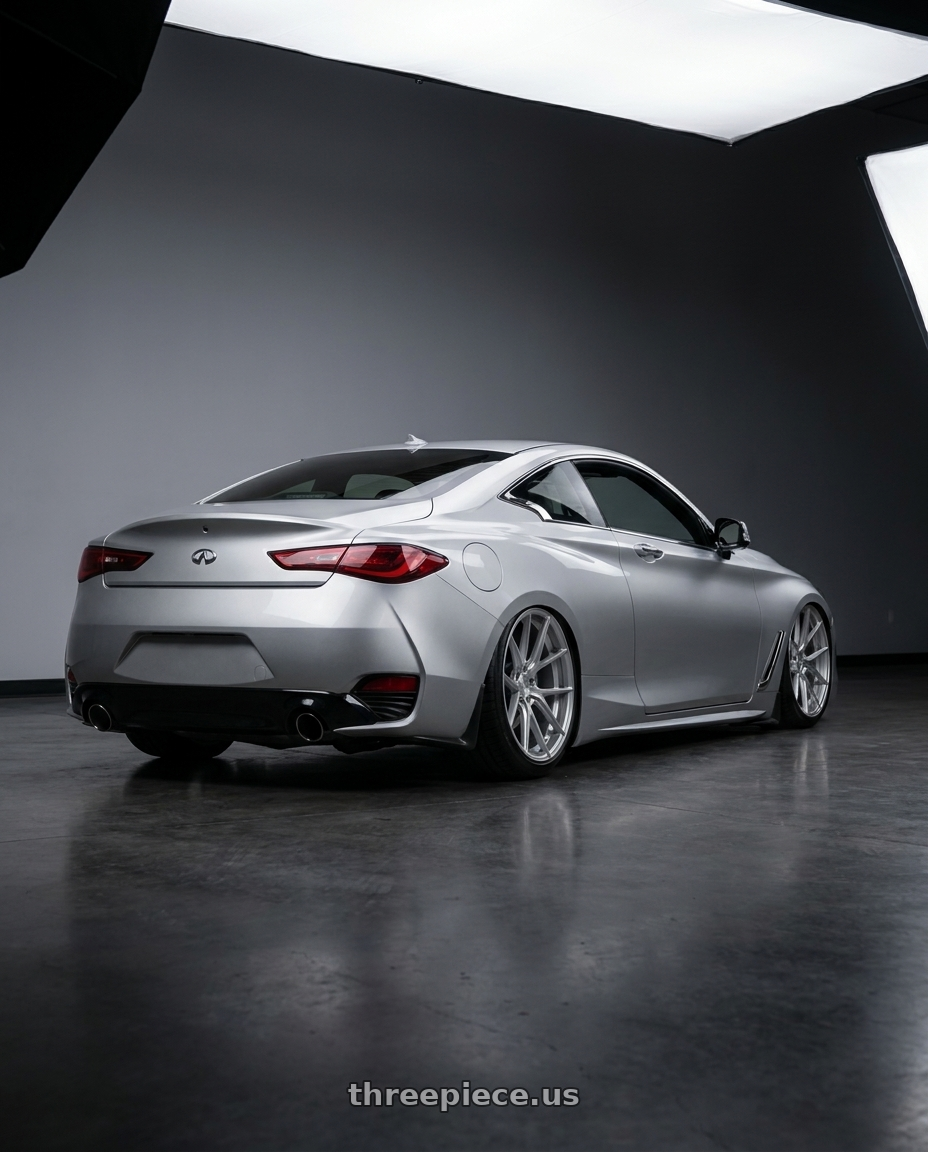 2020 Infiniti Q60 with Aodhan AFF3 5x114.3 20x9+32 Gloss Silver Machined Face wheels rear three quarter view slight stretch tires