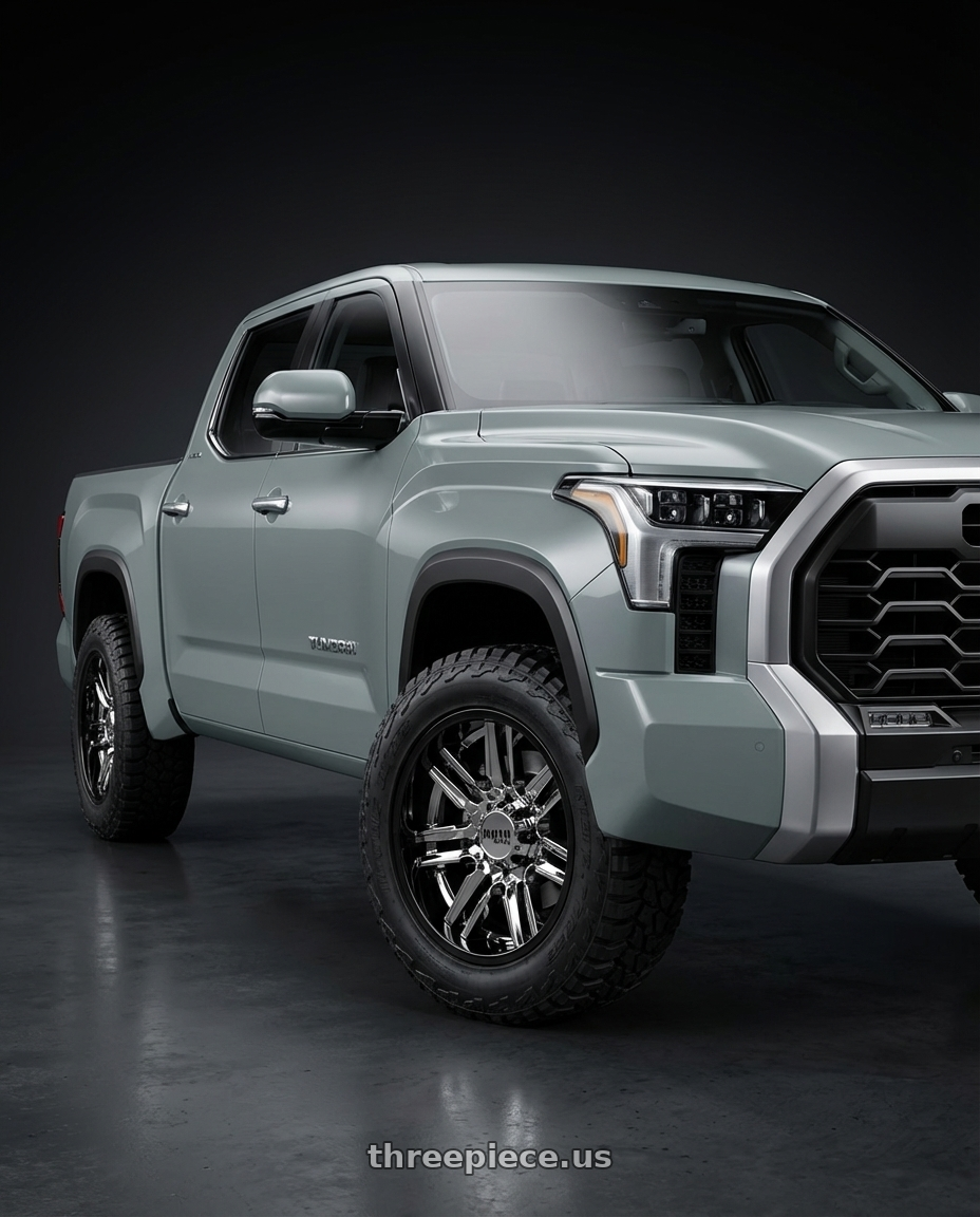 2024 Toyota Tundra with Moto Metal MO202 6X139.7 20X10 -18 CHROME CENTER GLOSS BLACK MILLED LIP wheels