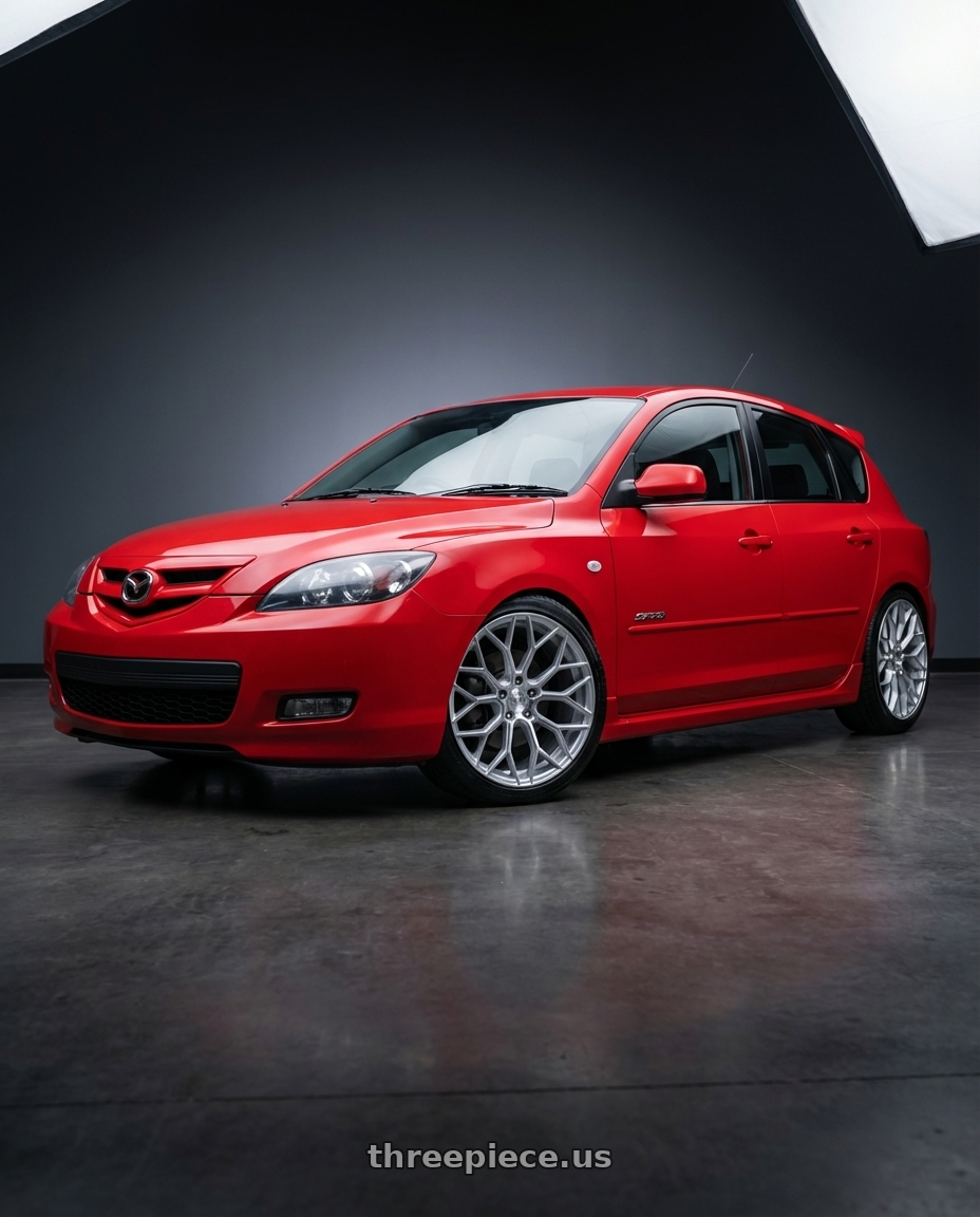 2008 Mazda 3 SP23 with DOLCE PERFORMANCE PISTA 5x112 18x8.5 +35 Gloss Silver Machined Face wheels front three quarter view lowered stance