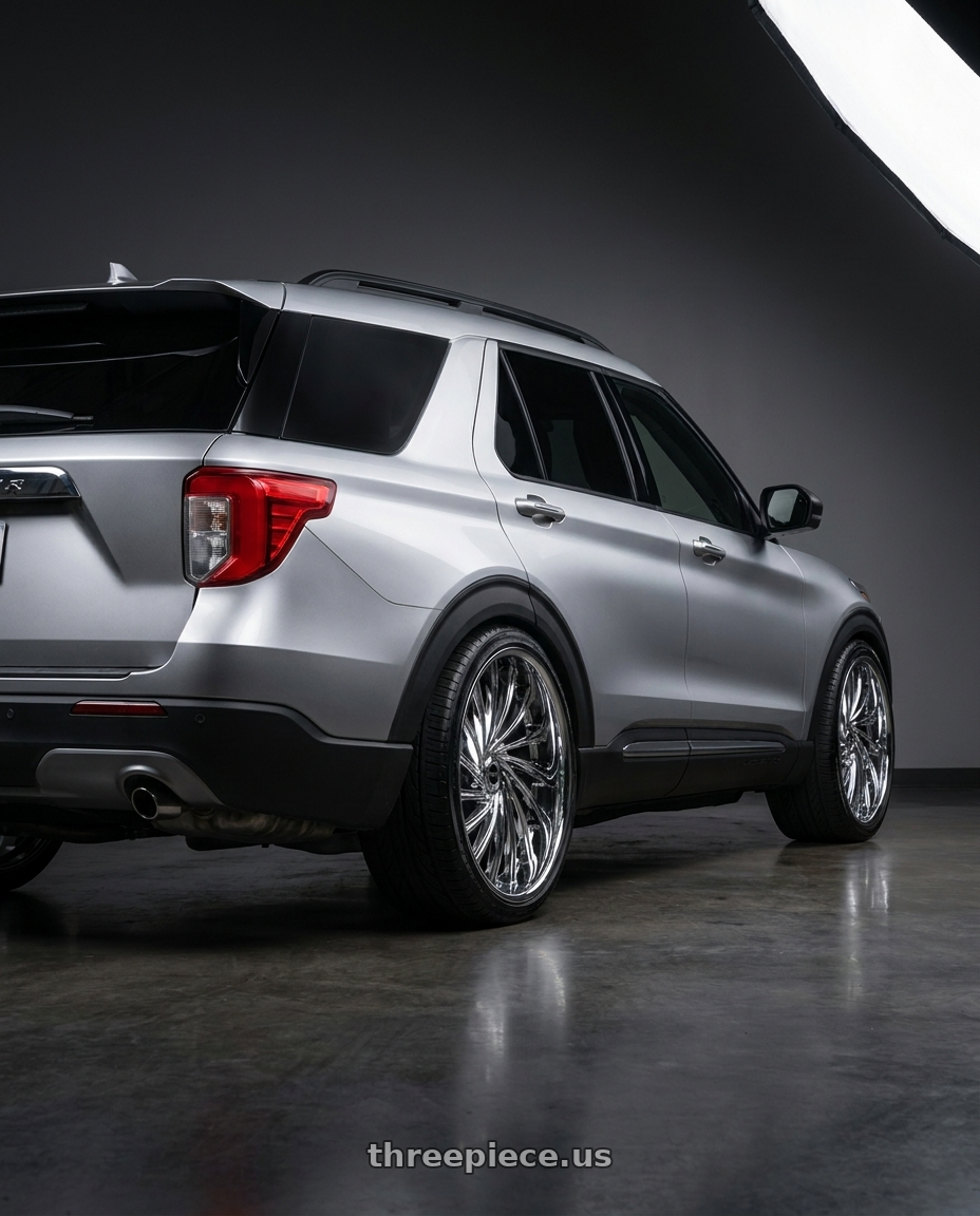 2020 ford explorer with Strada Tornado Blank 26x10 +15 Chrome wheels rear three quarter view extreme stretch tires