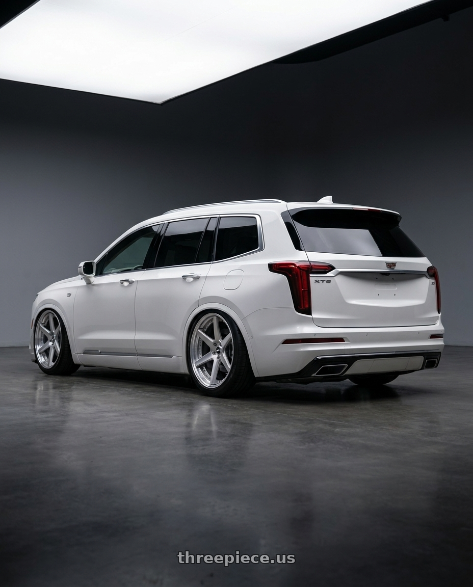 2024 Cadillac XT6 with Work Zeast St1 5x100 18x9.5+22 O Disk Brush Silver Clear wheels rear three quarter view slight stretch tires