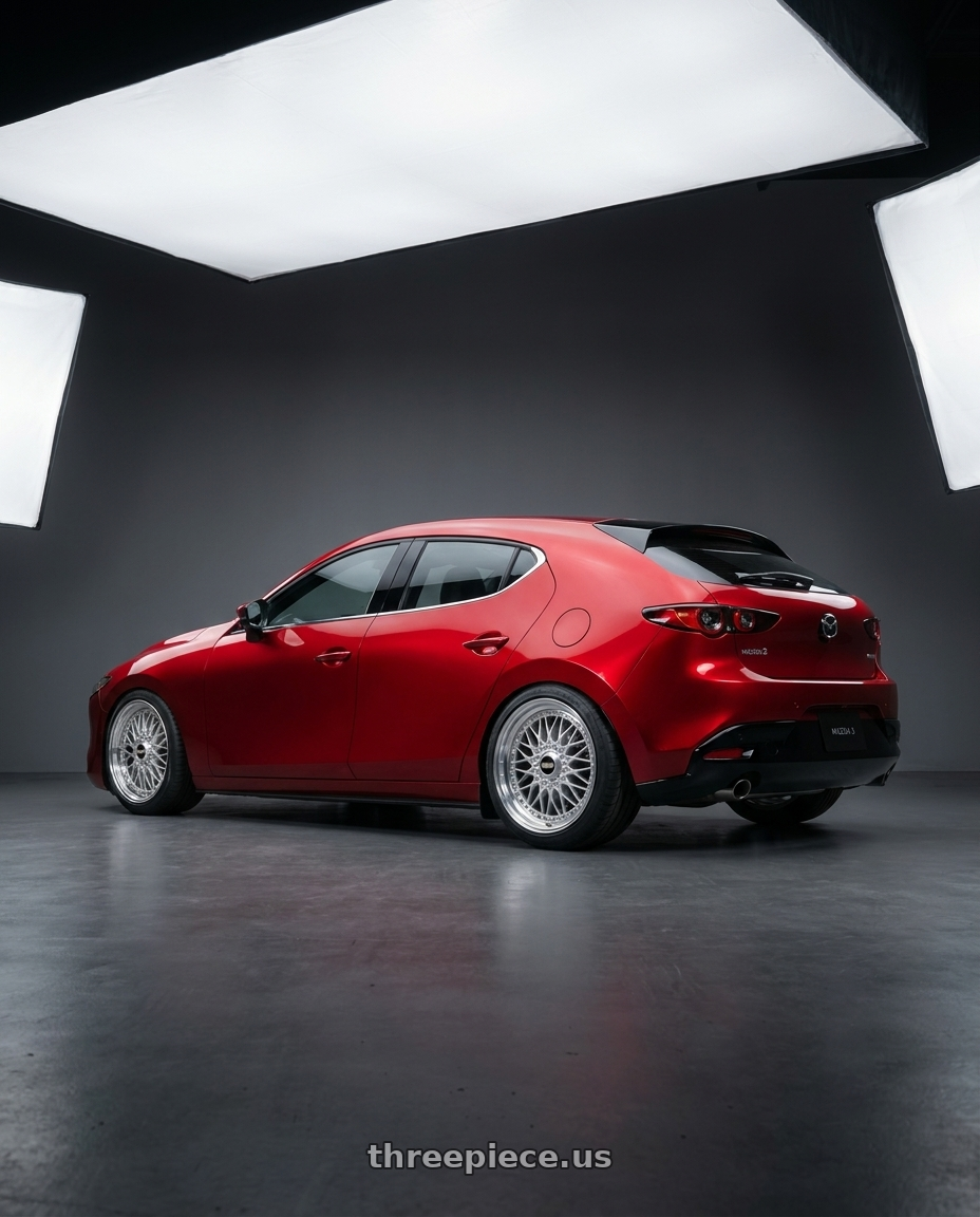 2024 Mazda 3 with BBS Super-RS 5x112 19x9.0+42 Silver wheels rear three quarter view meaty tires