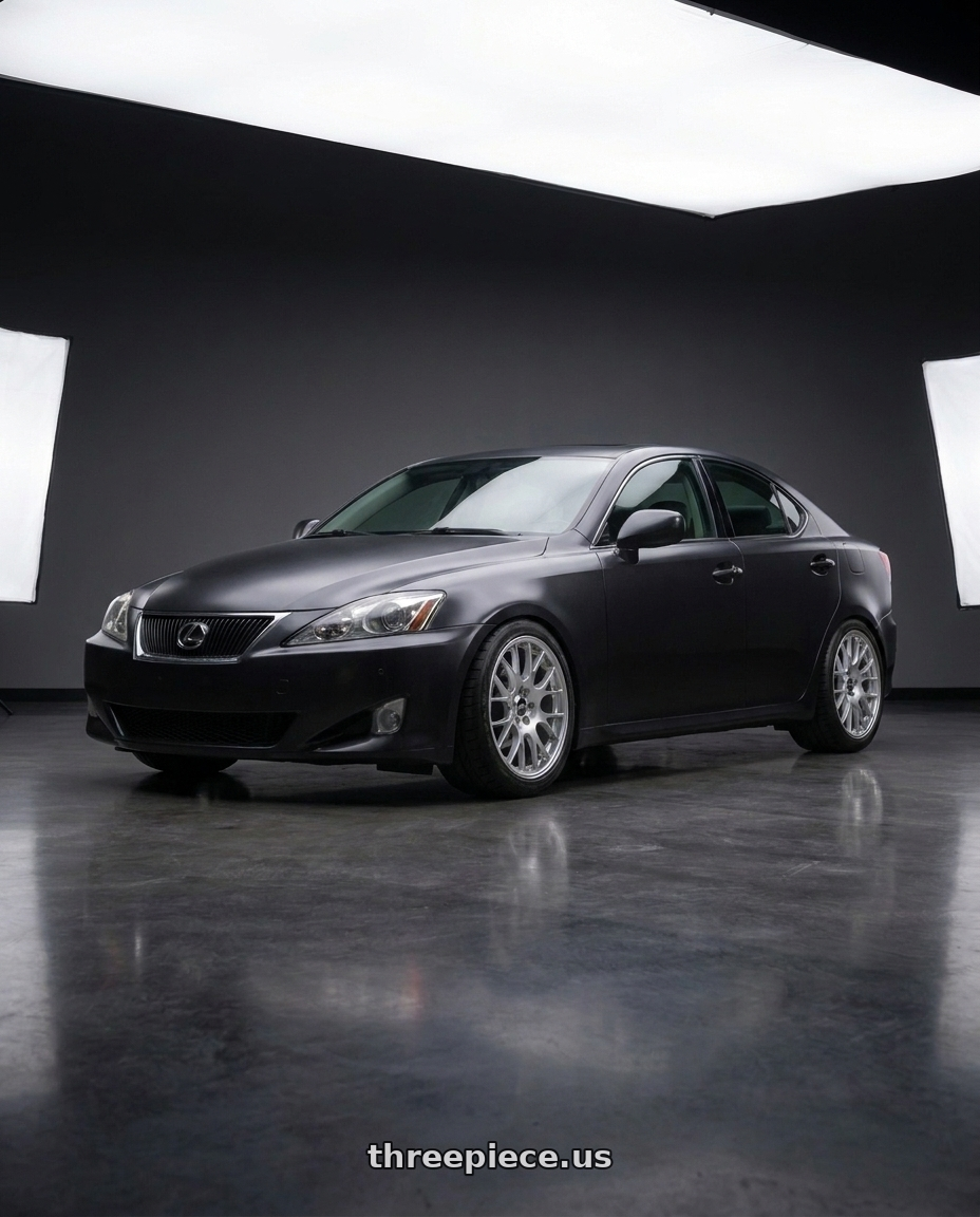 2009 Lexus IS350 with Enkei NT03+M 5x114.3 18x9.5+40 Silver wheels front three quarter view lowered stance