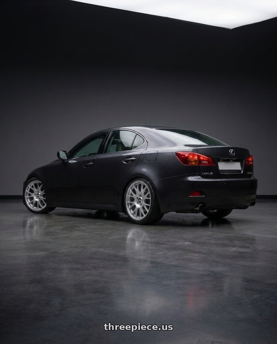2009 Lexus IS350 with Enkei NT03+M 5x114.3 18x9.5+40 Silver wheels rear three quarter view meaty tires