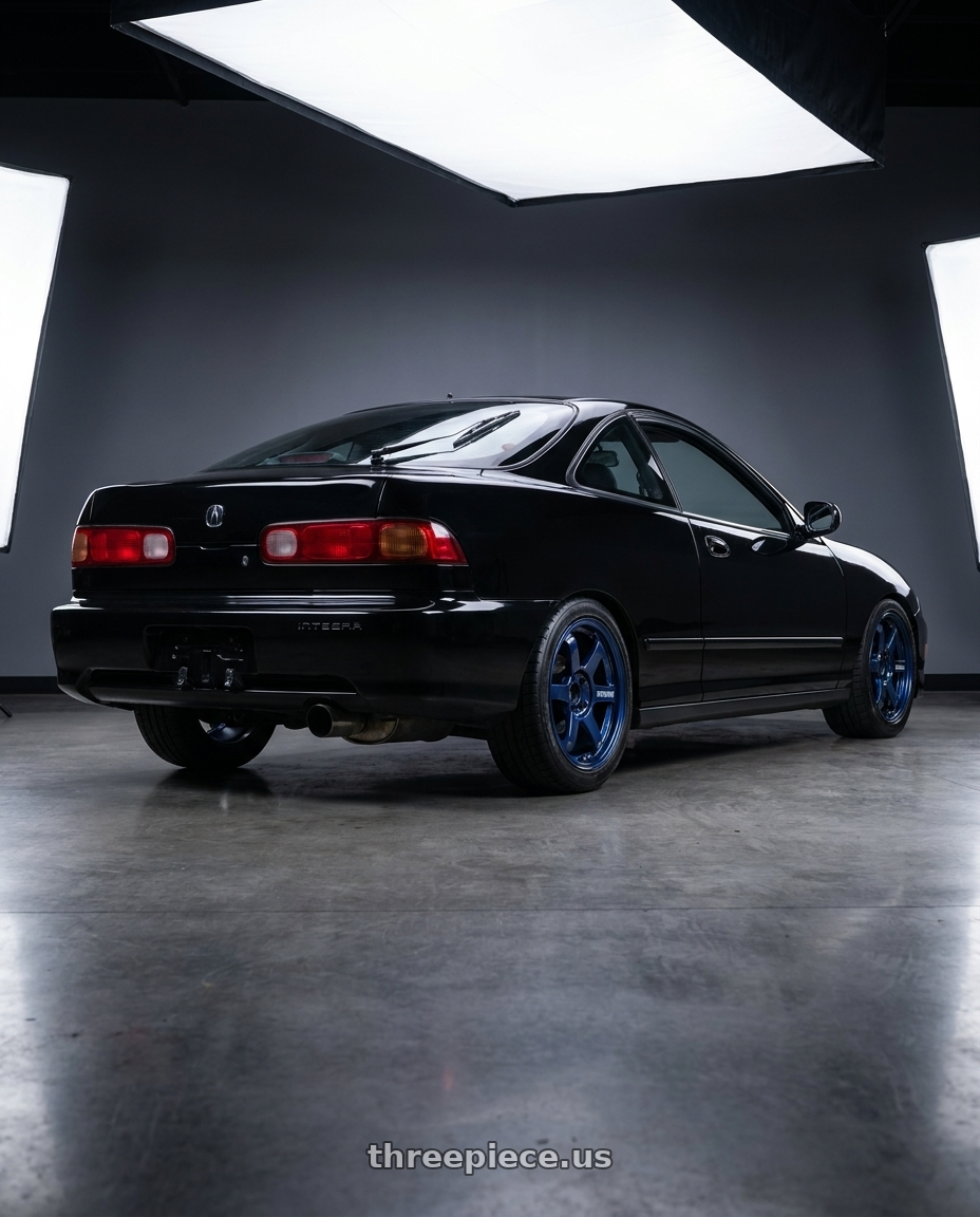 2000 Acura integra gsr with Volk Racing TE37 SONIC 4x100 16x7+35 Mag Blue wheels rear three quarter view square tires