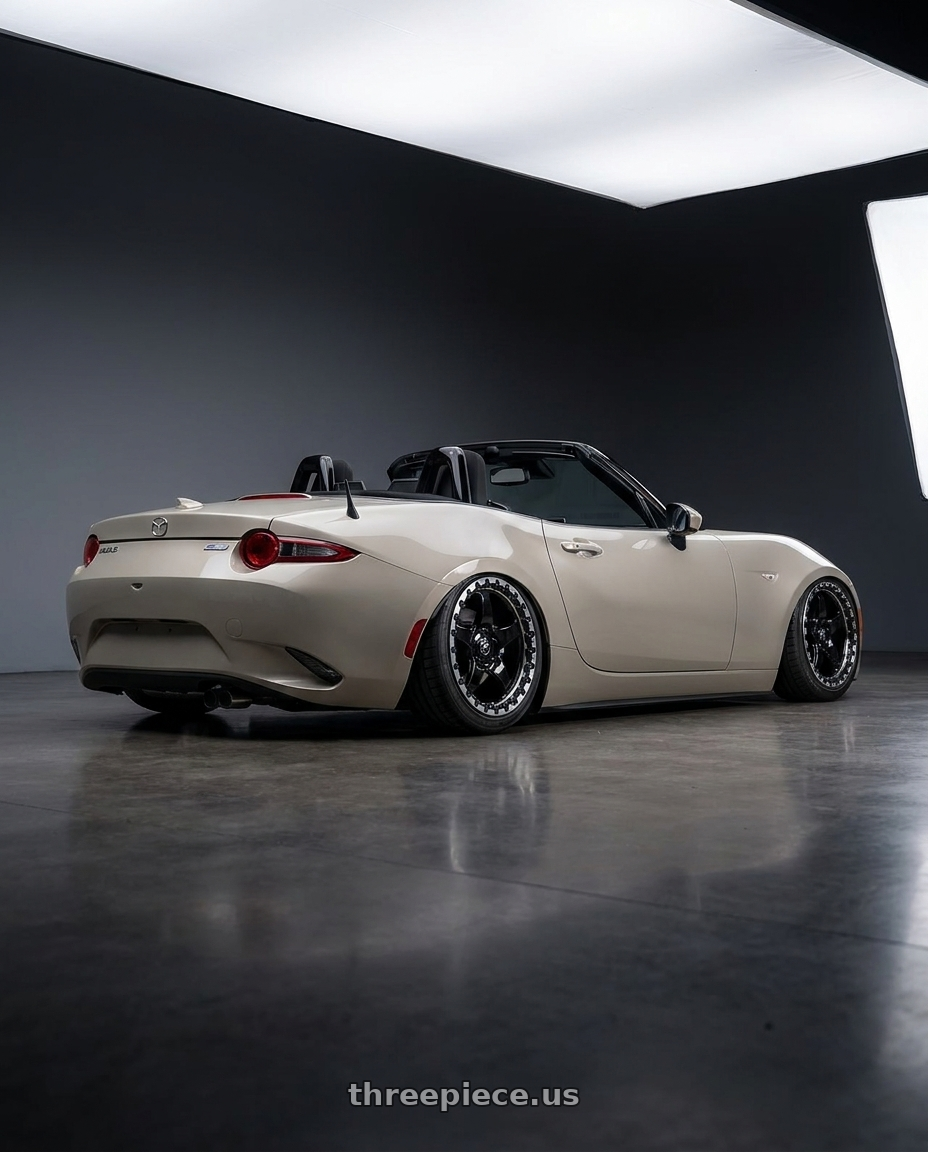 2021 Mazda MX-5 Miata ND with Forgestar D5 Beadlock 5x114.3 17x10 0 Gloss Black Machined wheels rear three quarter view slight stretch tires
