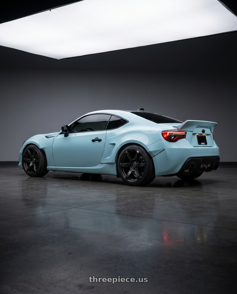 2017 Subaru BRZ with Enkei Cyclone 6x139.7 18x9+0 Matte Black wheels rear three quarter view square tires