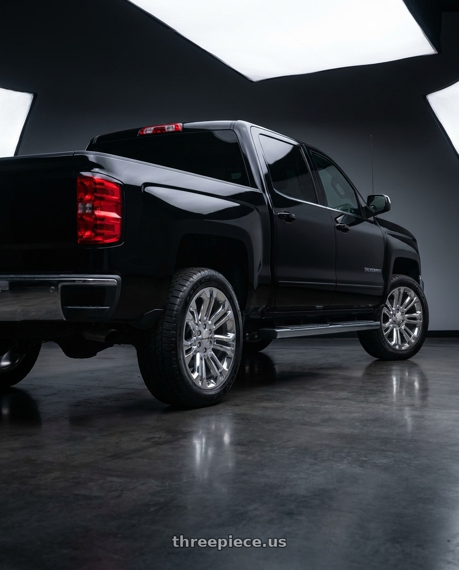 2018 Chevrolet Silverado with OE Wheels CV43B 6x139.7 22x9+24 Chrome wheels rear three quarter view square tires