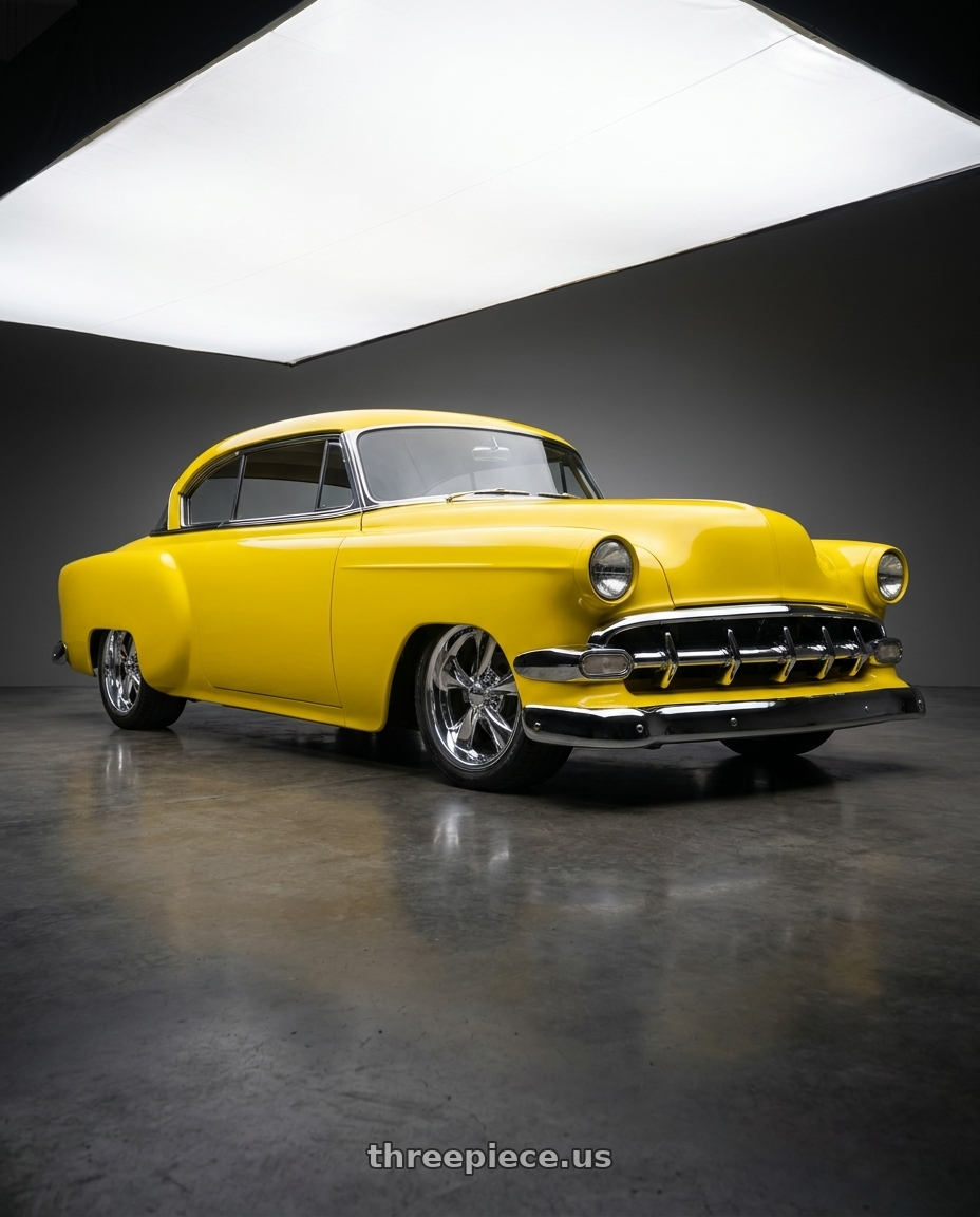 1954 Chevy 2 door Sedan with Boyd Coddington BC1C Junkyard Dog 5x120.65 17x8 +0 Chrome wheels