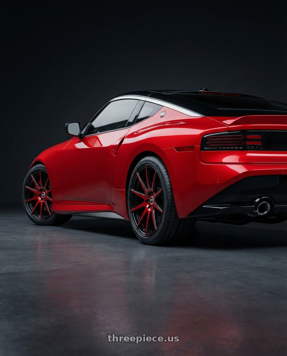 2024 nissan z with Spec-1 SP-51 4x100/4x114.3 17x7.5 +42 Gloss Black & Red Machined wheels rear three quarter view square tires