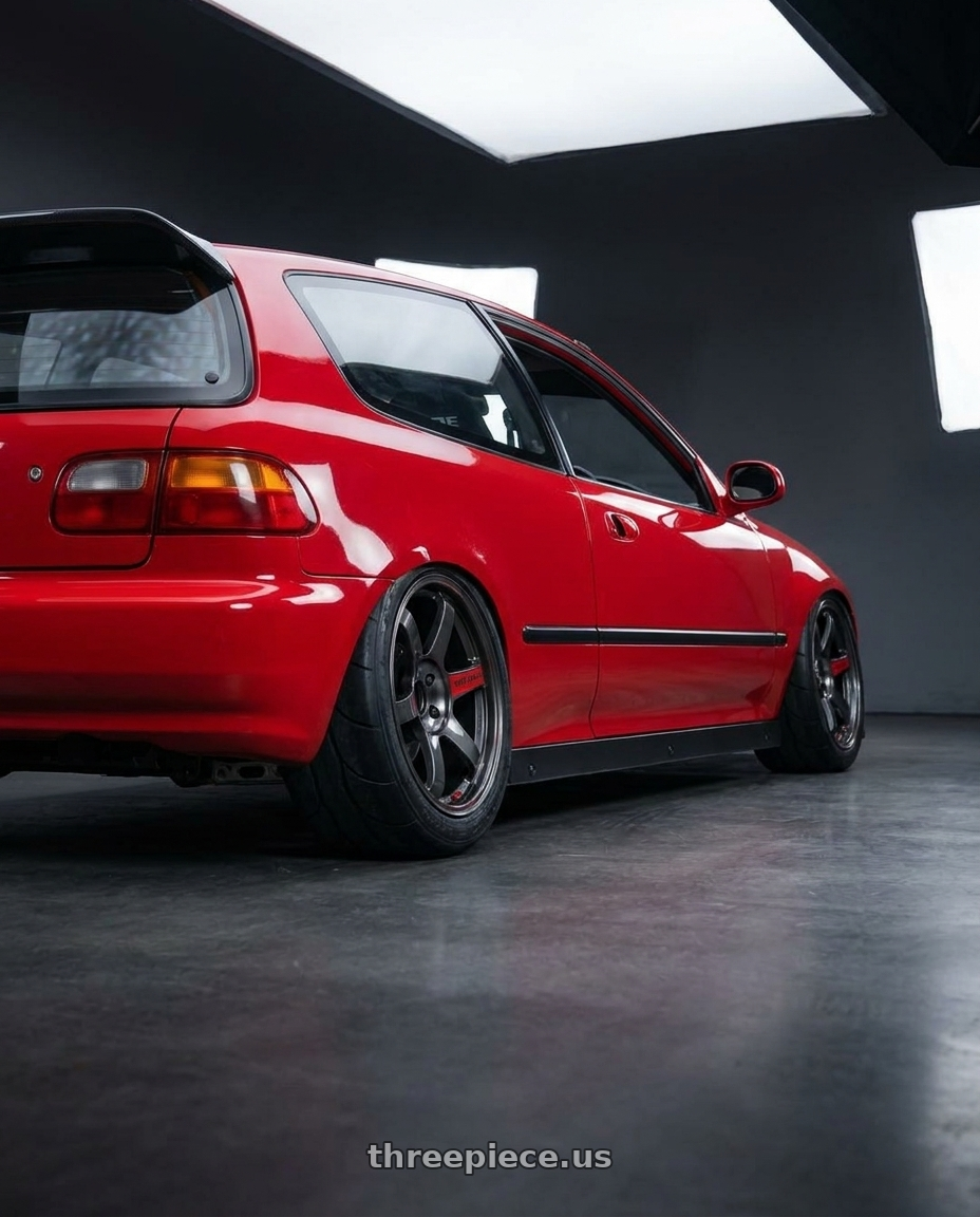 1993 Honda eg6 red with Volk Racing TE37 Saga SL 5x114.3 18x9.0+45 Pressed Graphite wheels rear three quarter view excessive tires