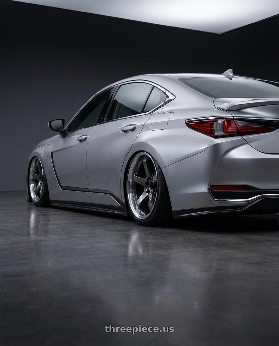 2026 LEXUS ES500e  with Advan Racing GT BEYOND 4x100 17x7.0 +45 MACHINING & HYPER PLATINUM BLACK wheels rear three quarter view square tires