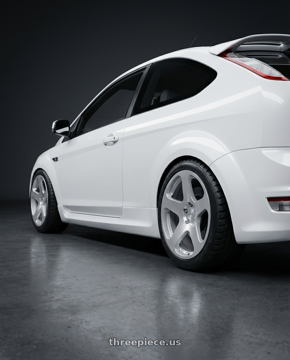 Ford focus St 2009 with Rotiform RC200 NUE 5X120 20x10 +40 GLOSS SILVER W/ MACHINED FACE wheels rear three quarter view meaty tires