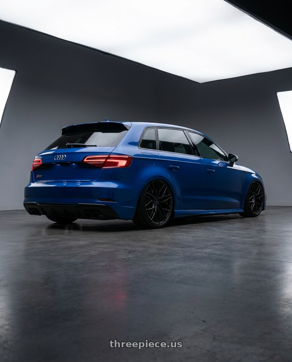 2019 Audi S3 8V with Avant Garde Wheels M520R 5X112 19x9.5 +40 Gloss Black wheels rear three quarter view slight stretch tires