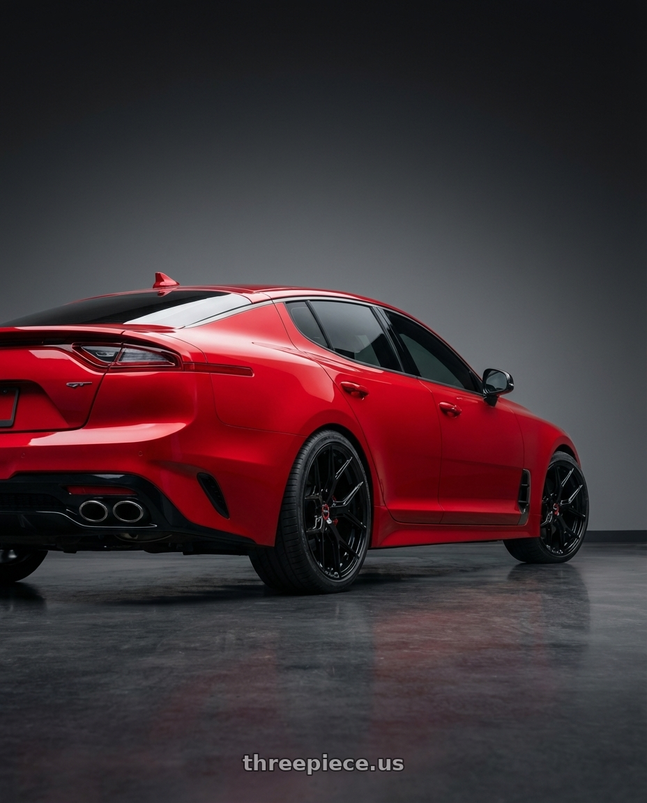 2022 Kia Stinger GT with Vossen HF-5 19x9.5 / 5x114.3 / ET40 / Deep Face / 73.1 - Gloss Black Wheel - HF5-9N63 wheels rear three quarter view square tires