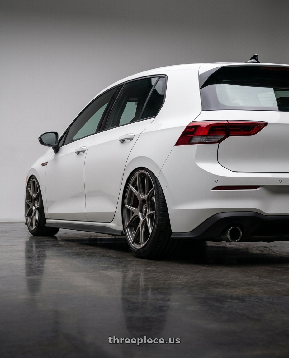 2023 Golf gti with Konig Ampliform 5x112 18x8.5+43 Dark Metallic Graphite wheels rear three quarter view slight stretch tires