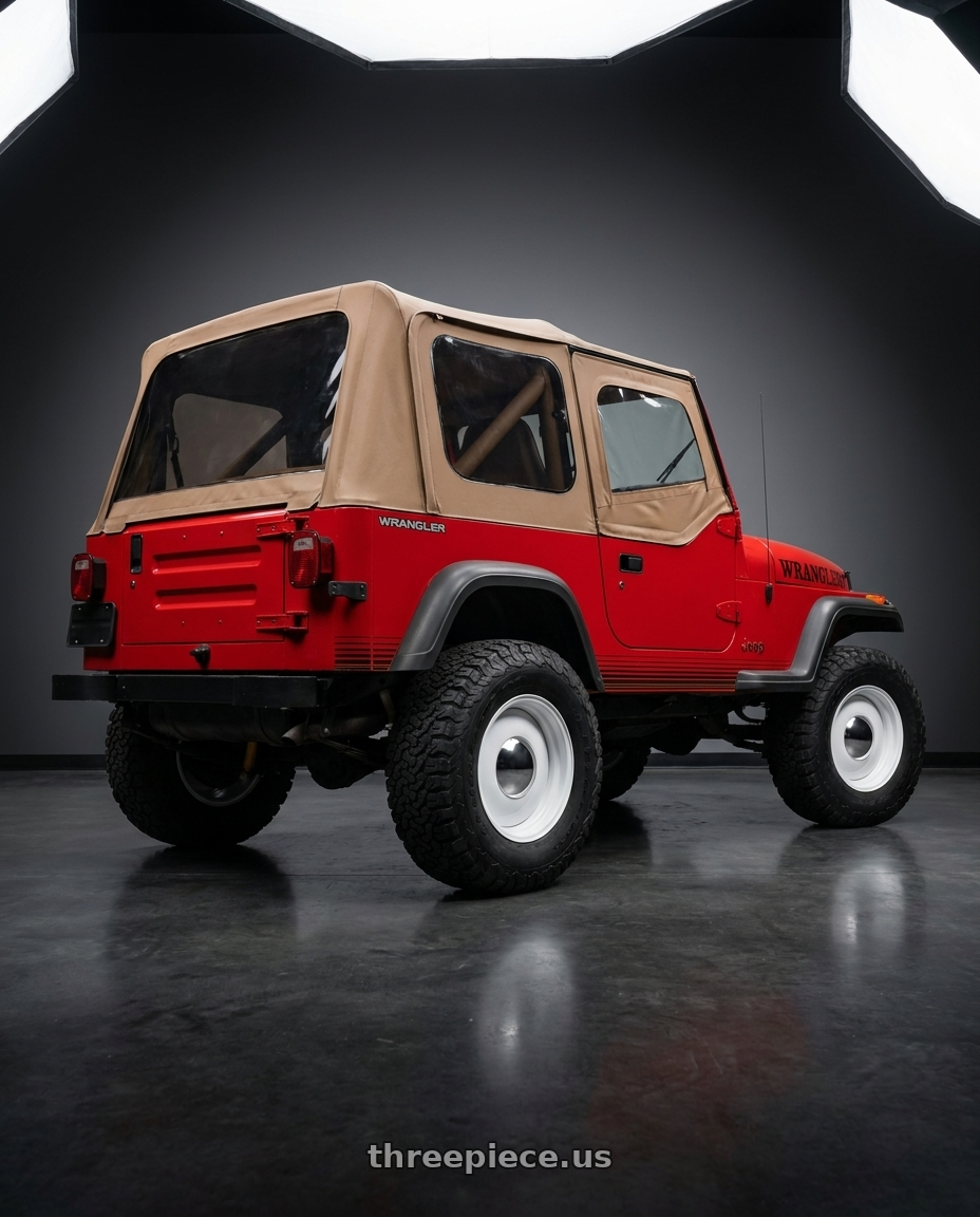 1989 Jeep Wrangler with Boyd Coddington 61W Smoothie 5x114.3 17x7 0 White wheels rear three quarter view meaty tires
