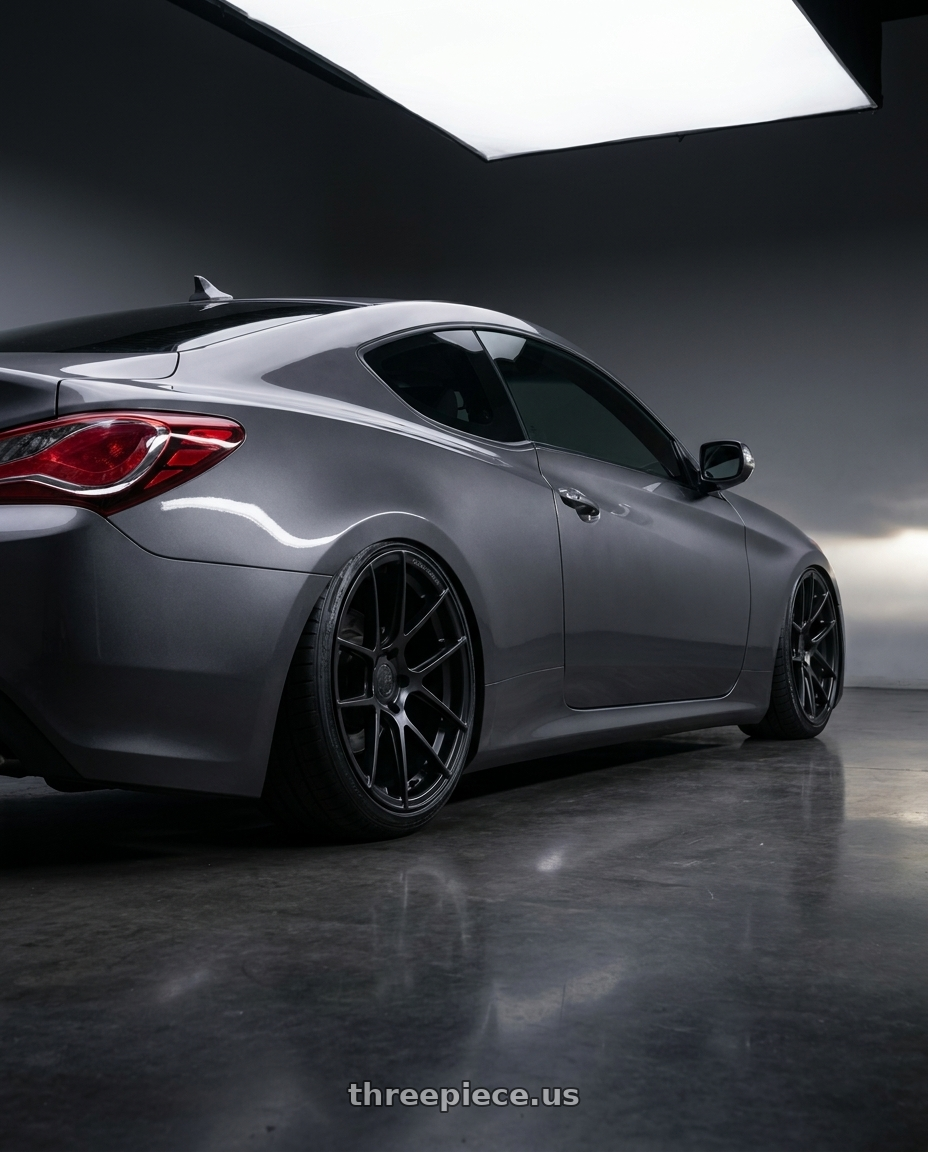 2014 Hyundai Genesis Coupe with Avant Garde Wheels M510 5X114.3 19x9.5 +40 Matte Black wheels rear three quarter view slight stretch tires