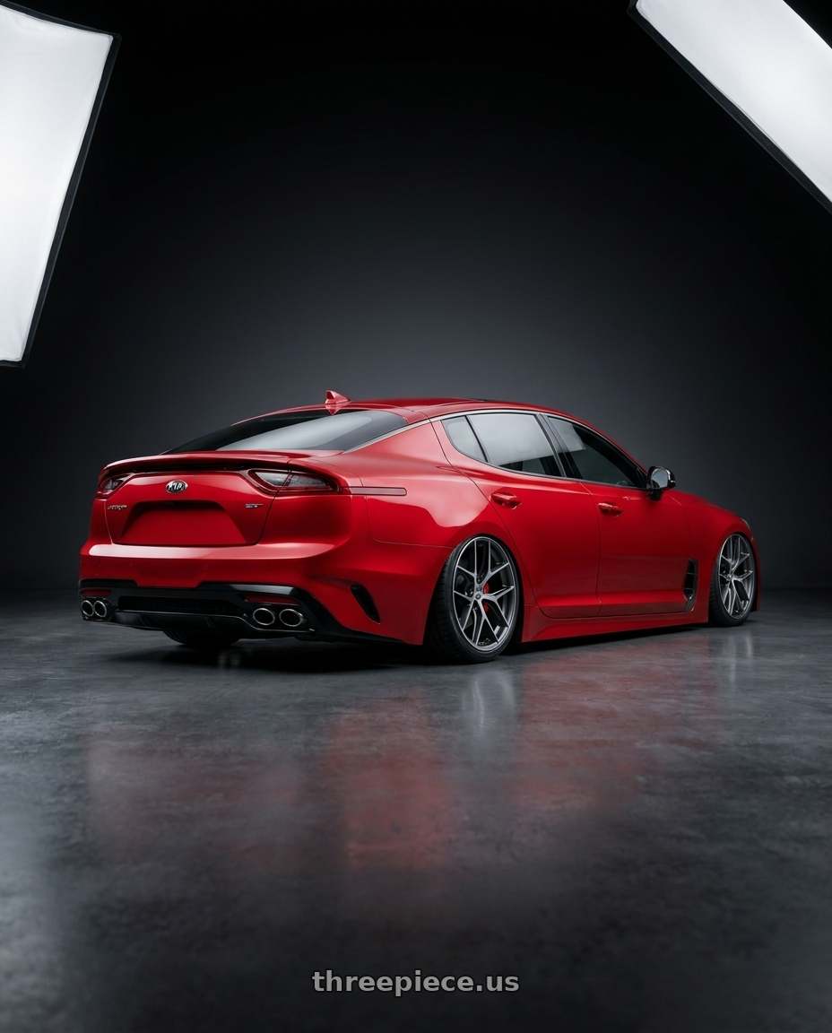 2022 Kia Stinger GT with BBS CC-R 5x114.3 19x8.5+30 Graphite w/ Diamond Cut Face wheels rear three quarter view slight stretch tires