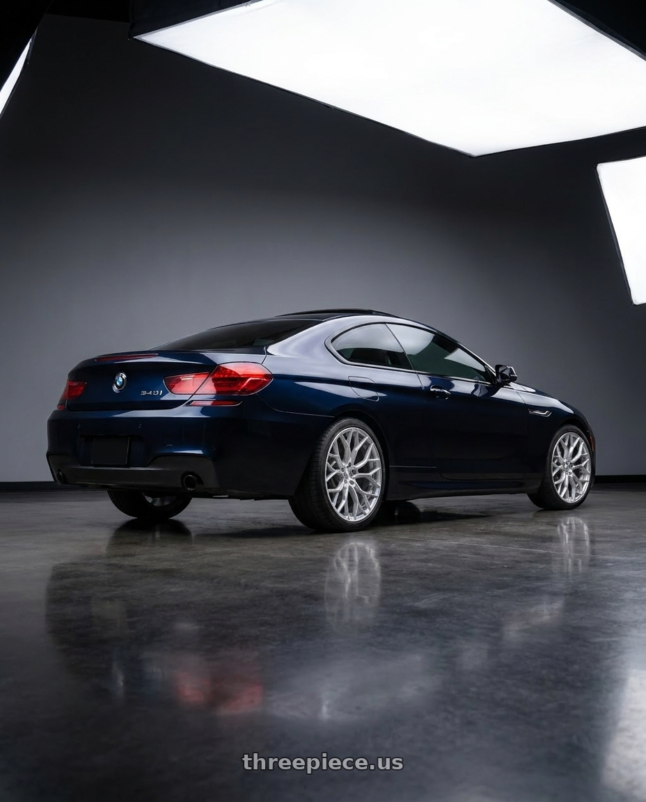 2014 bmw f13 640i coupe m sport with DOLCE PERFORMANCE PISTA 5x112 19x8.5 +28 Gloss Silver Machined Face wheels rear three quarter view square tires