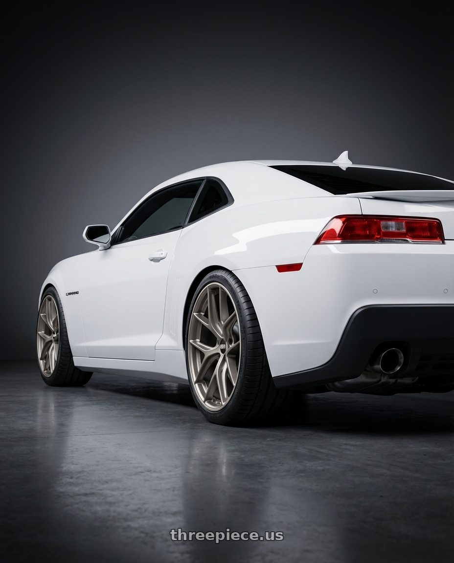 2014 Chevrolet Camaro 5th Gen with BBS CC-R 5x120 20x10.5+35 Satin Platinum wheels rear three quarter view square tires