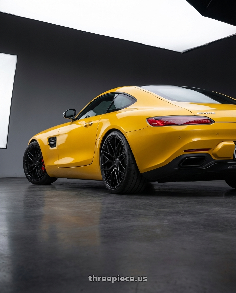 2019 Mercedes-Benz AMG GT with Avant Garde Wheels M520R 5X112 19x9.5 +40 Gloss Black wheels rear three quarter view square tires