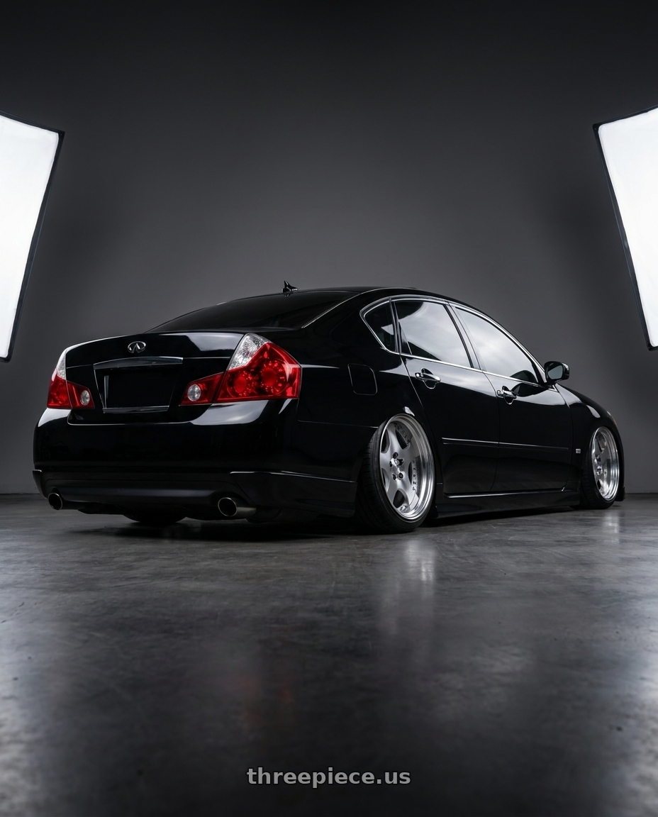 2007 Infiniti m35x with Work Lanvec Ld1 5x114.3 20x8.5+38 A Disk Machine Silver Polish wheels rear three quarter view slight stretch tires