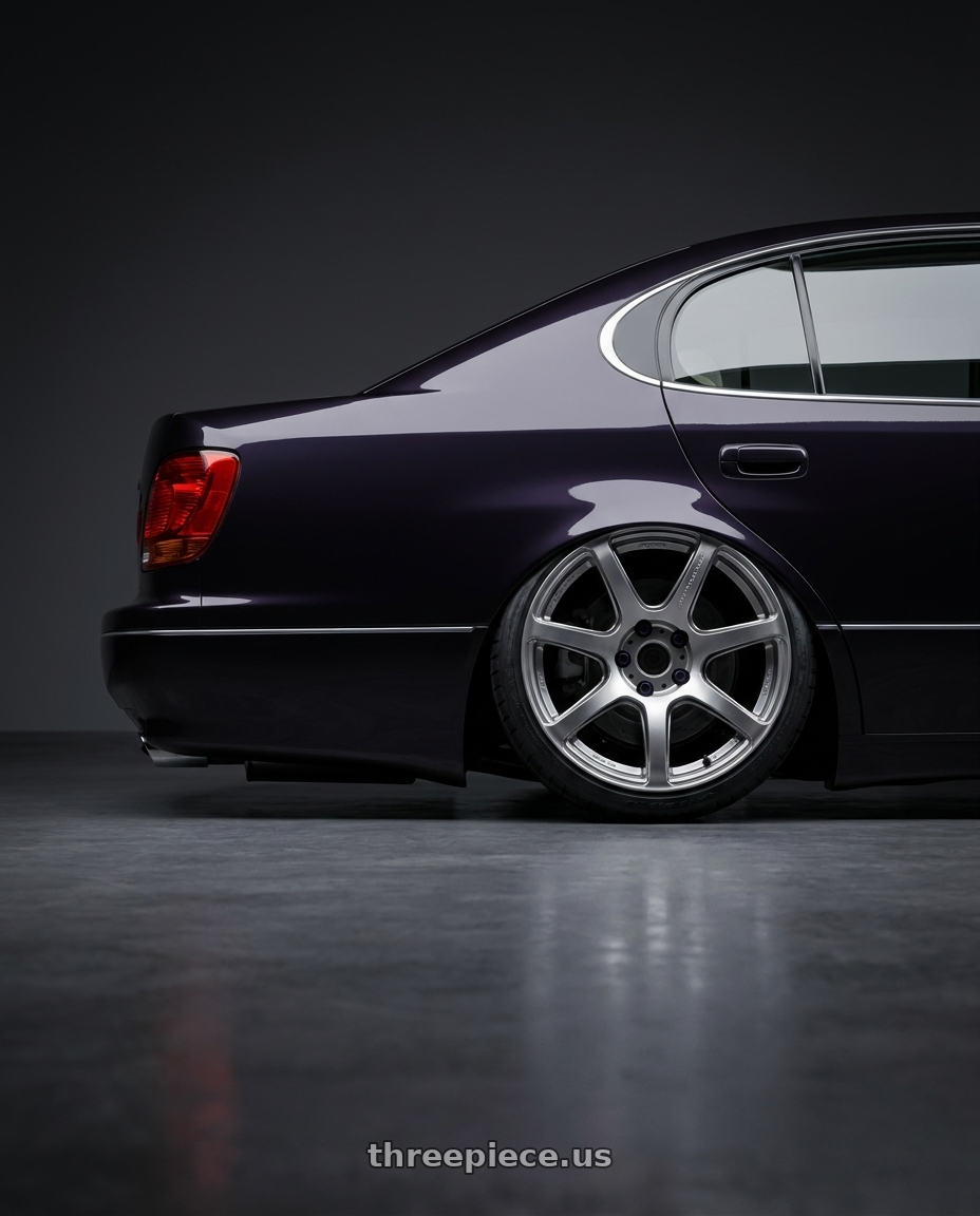 2004 LEXUS GS300 with Work Emotion T7r 5x100 18x10.5 +12 Gt Silver wheels rear three quarter view slight stretch tires