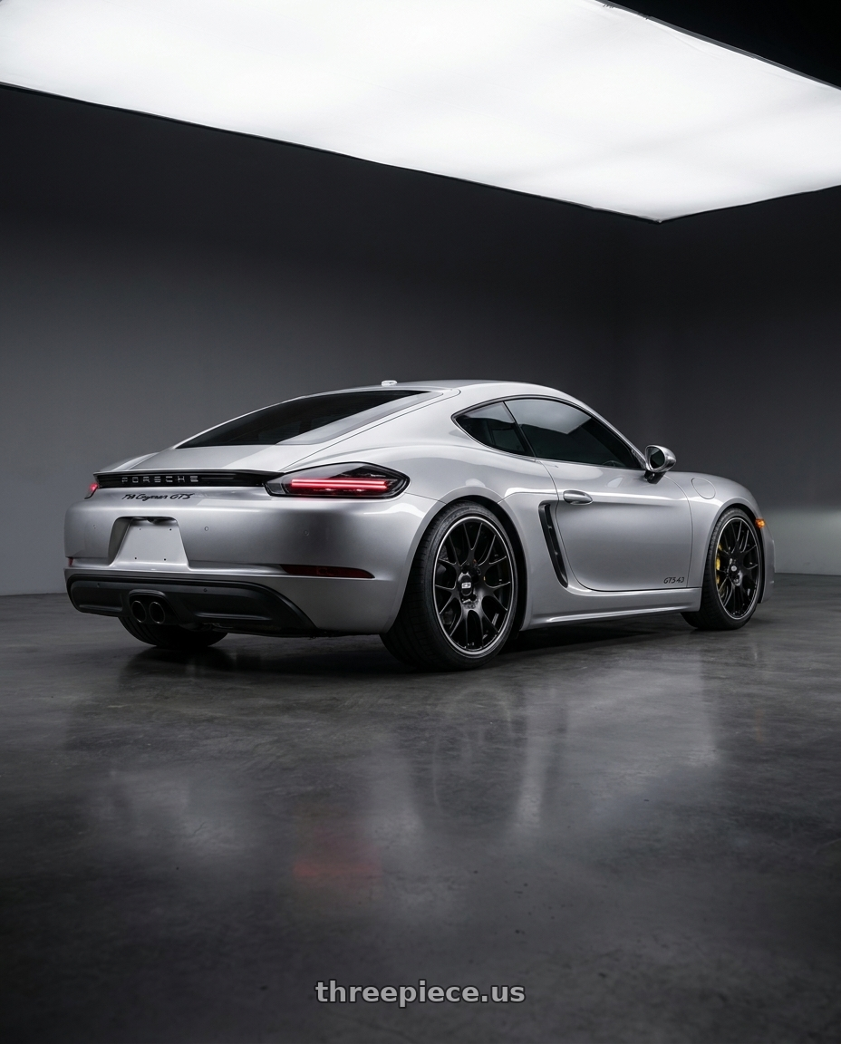 2021 prosche GTS4.0 with BBS CH-R 5x130 19x12 +45 Satin Black Polished Rim Protector wheels rear three quarter view square tires