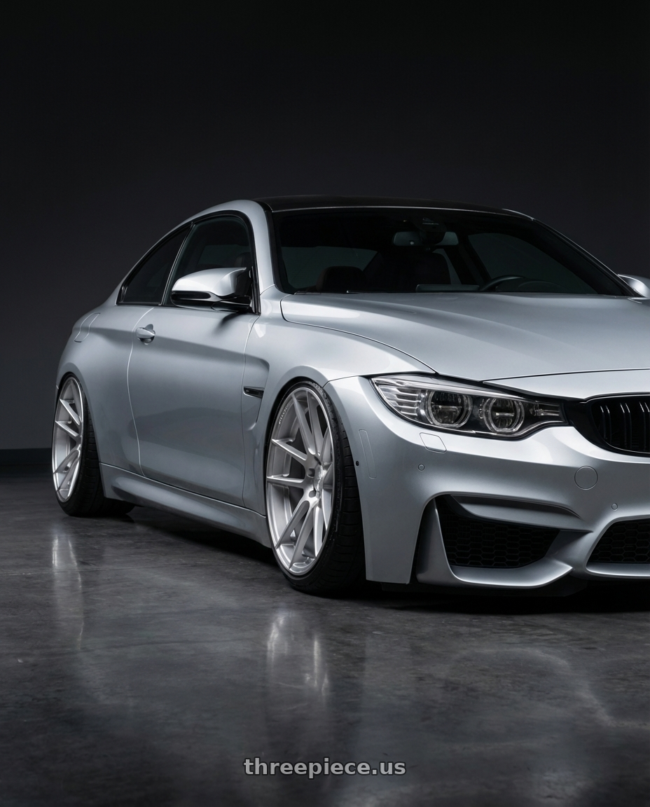 2015 bmw m4 with Avant Garde Wheels M510 5X20 19x9.5 +40 Satin Silver wheels front three quarter view stanced stance