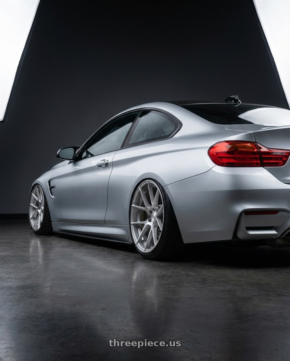 2015 bmw m4 with Avant Garde Wheels M510 5X20 19x9.5 +40 Satin Silver wheels rear three quarter view extreme stretch tires
