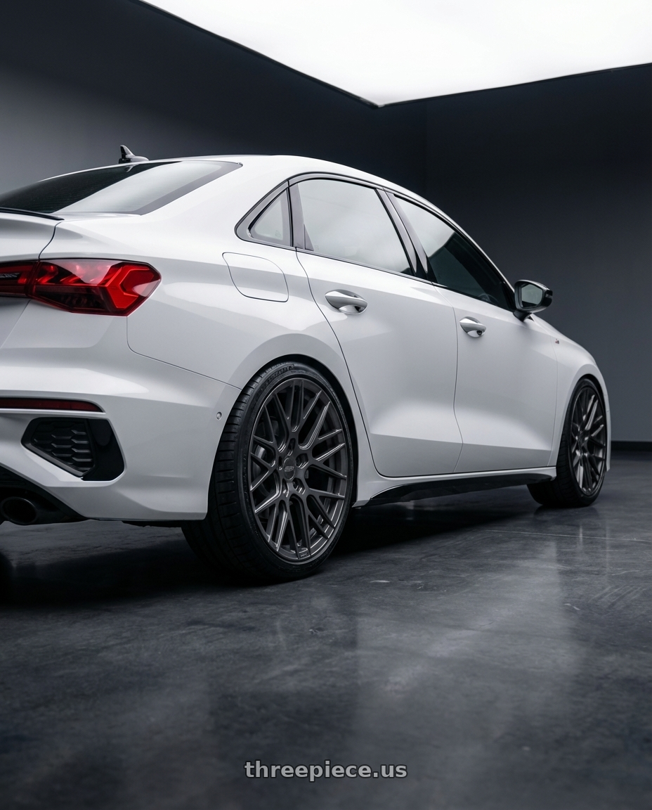 2024 Audi S3 8Y with ESR Wheels FORGETECH SERIES RF11 5x112 19x10.5 +22 Matte Graphite wheels rear three quarter view square tires